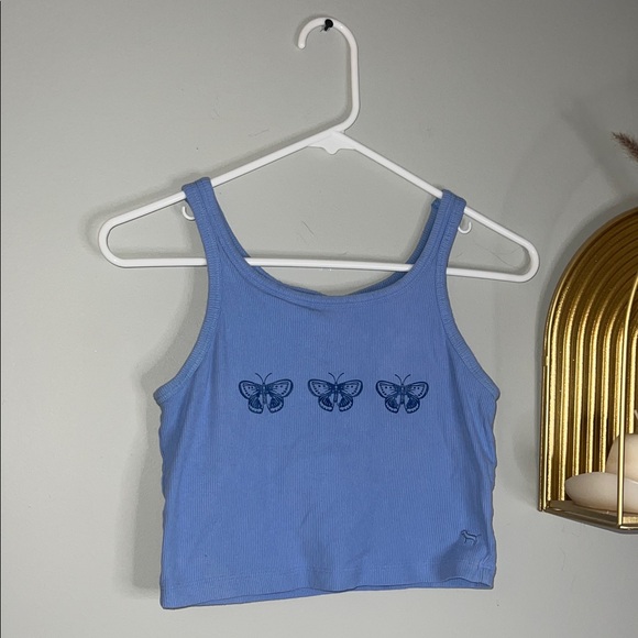 PINK Victoria's Secret Tops - PINK Victoria's Secret Light Blue Butterfly Ribbed Crop Tank